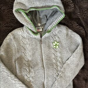 Gray Wool zipper Sweater removable hood Green Accents Austrian German trachten